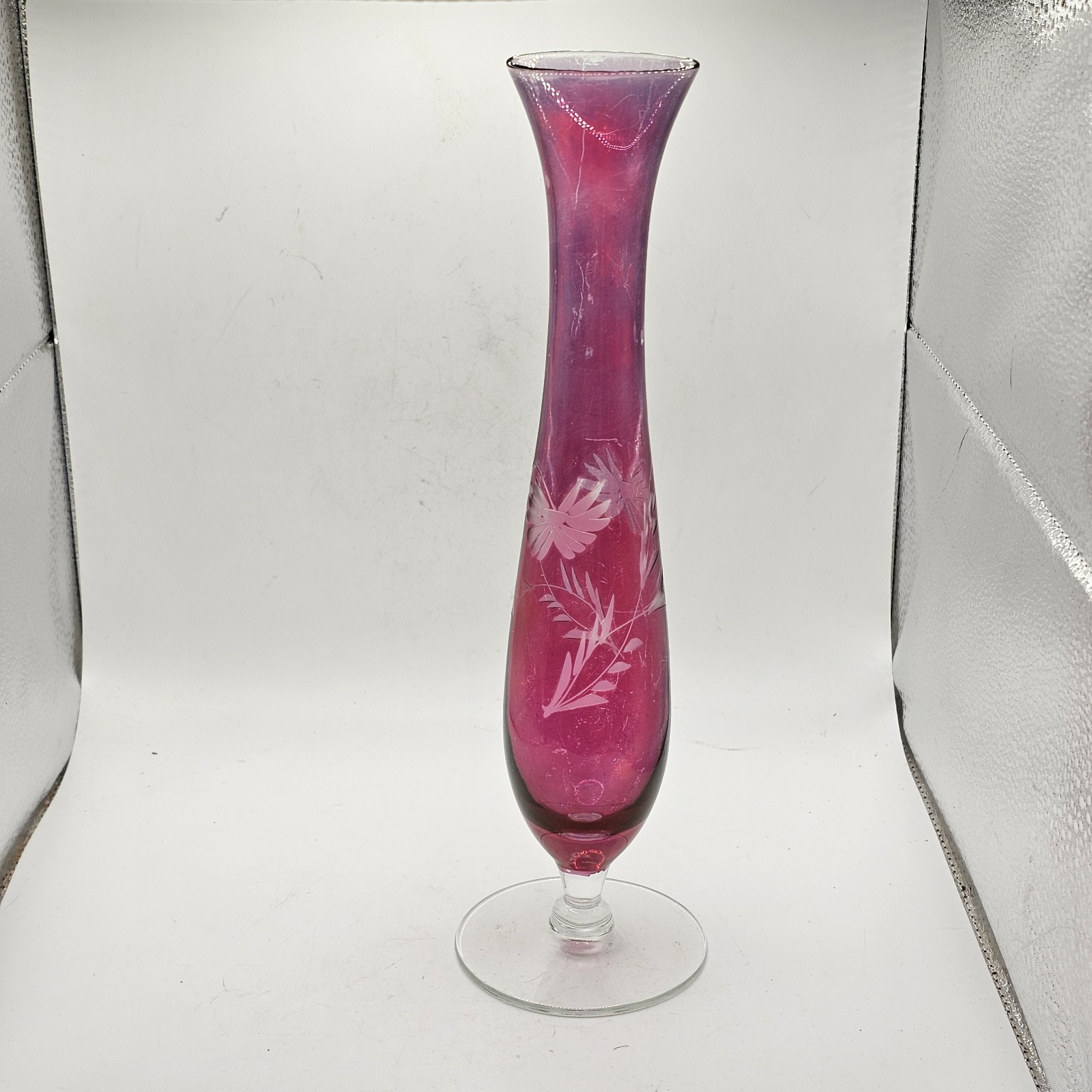 Cranberry Etched Vase Glass Vintage 10