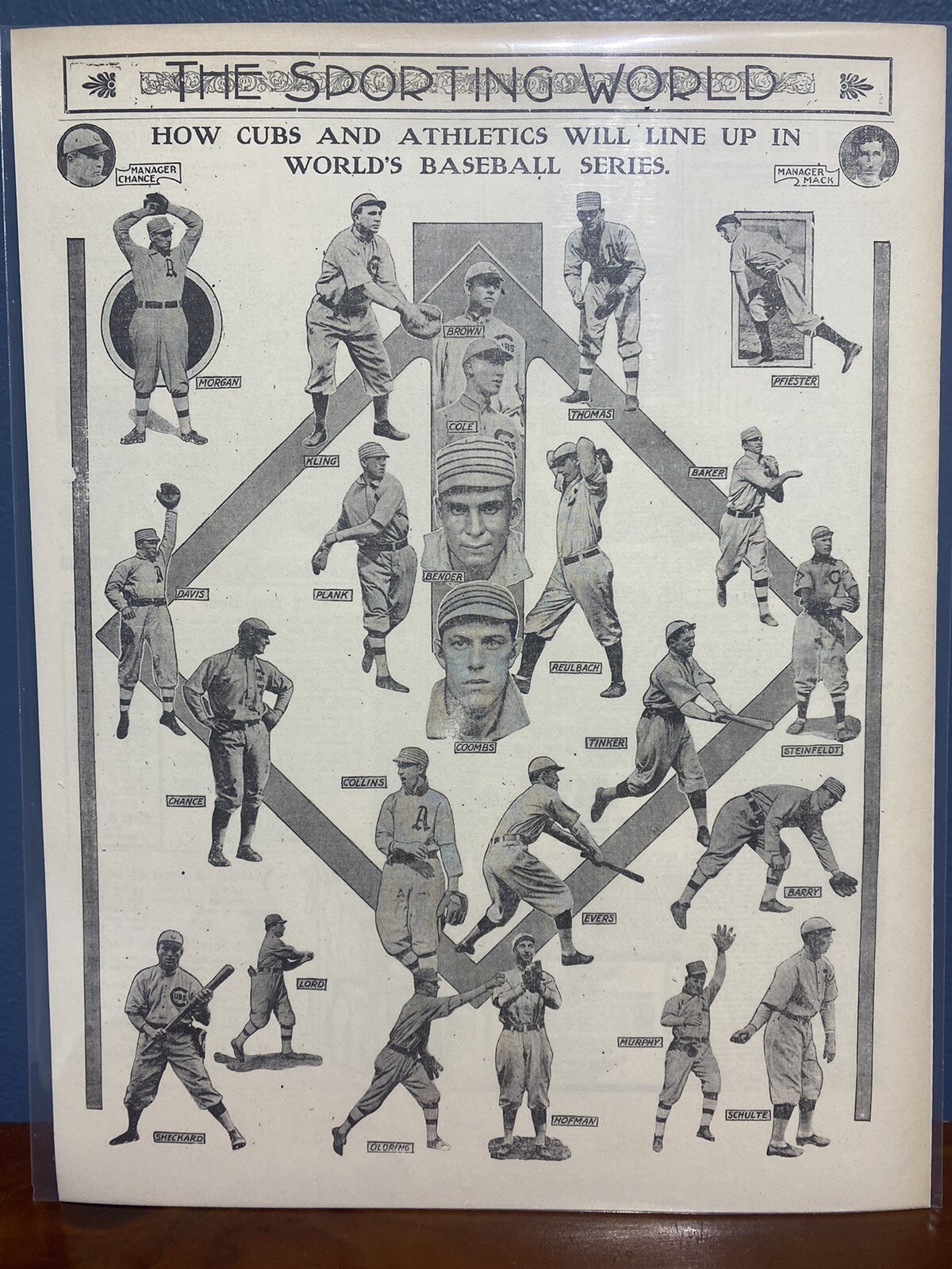 VINTAGE NEWSPAPER HEADLINE  1910 BASEBALL WORLD SERIES LINEUP CUBS VS ATHLETICS