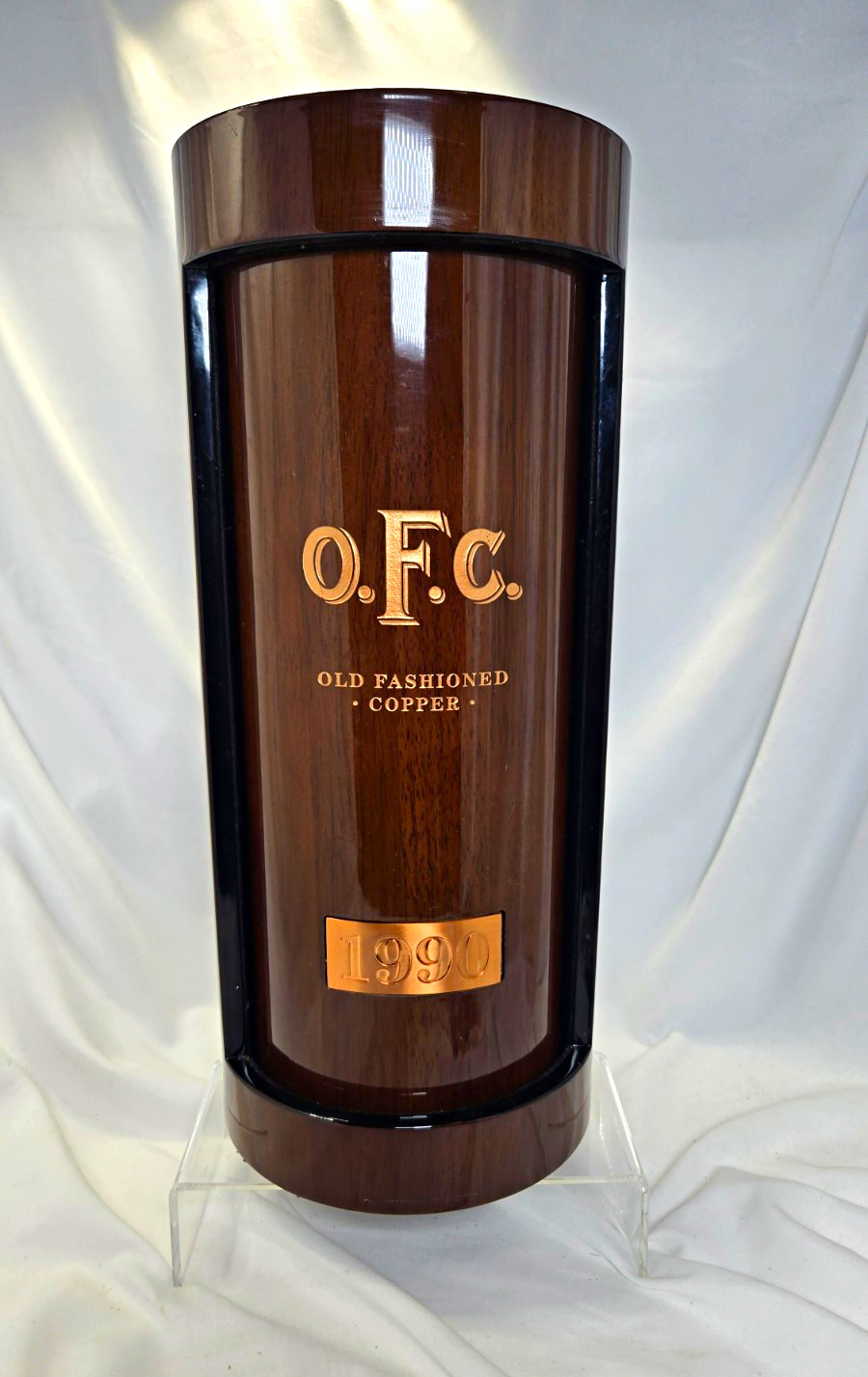O.F.C. Old Fashioned Copper Vintage 1990 Clear Liquor Bottle w/ Display Case