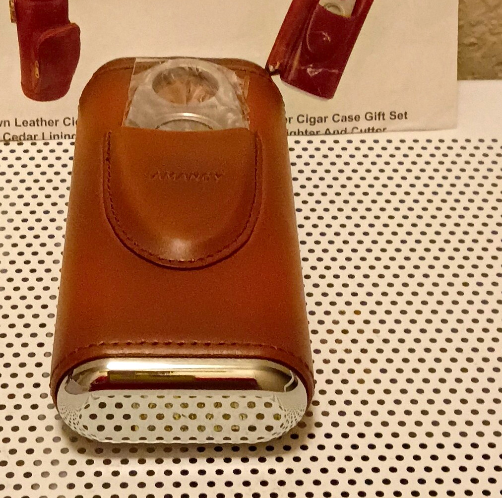 AMANCY Brown Leather Cigar Case & Humidor Catalogue Box w/ Clear Cigar Cutter