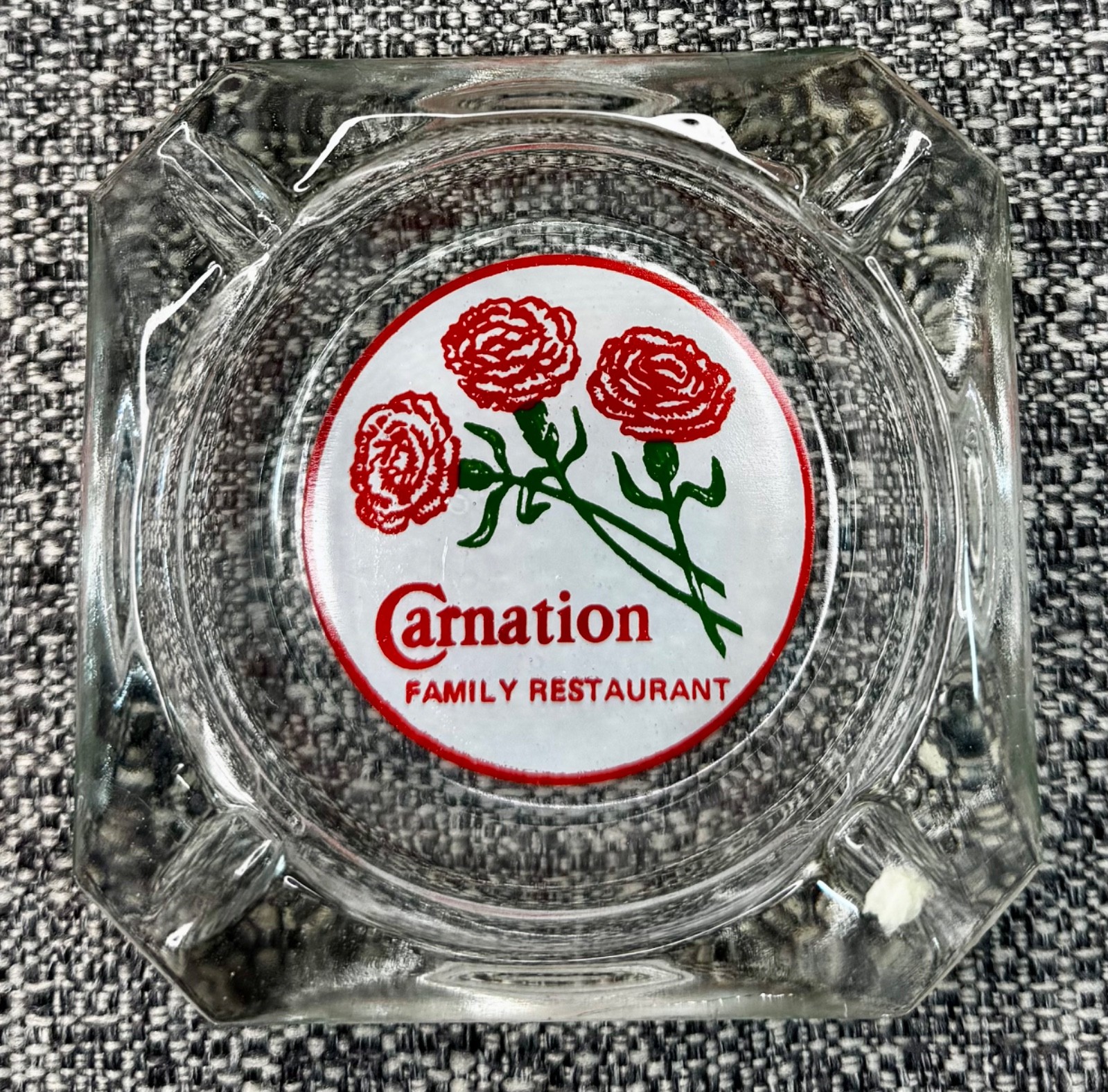 Vintage Clear Glass Marketing Ashtray Carnation Family Restaurant