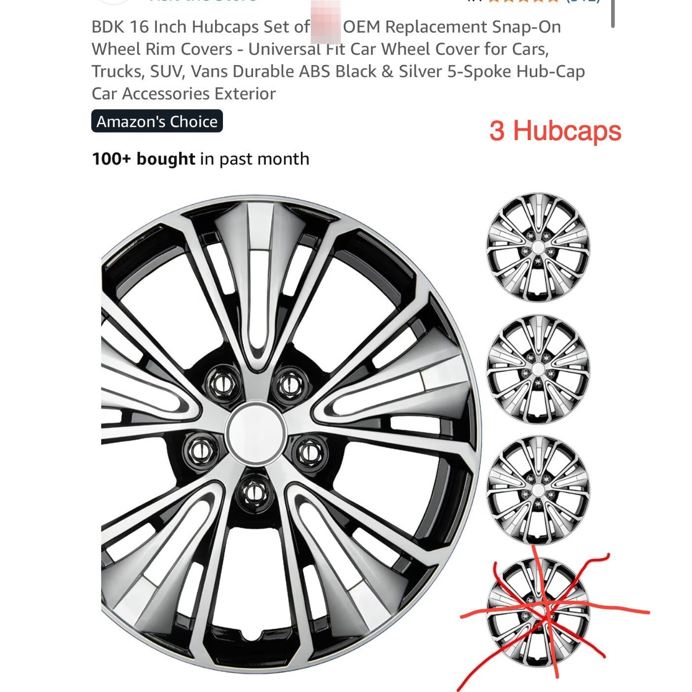 BDK 16in Hubcaps Black Silver 5-Spoke Wheel Rim Covers Set of 3 KT-1074-16-S/IB