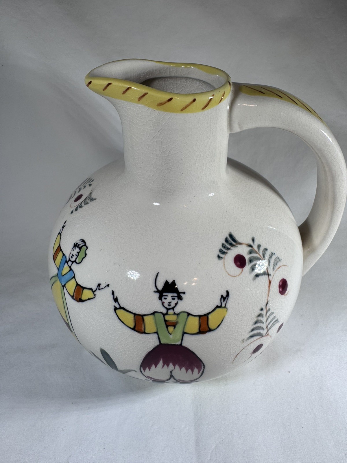 Folk Art Quimper Style Pottery Pitcher Yellow Stripe Handle Man & Woman Vintage Folk Art Quimper Style Pottery Pitcher Yellow Stripe Handle Man & Woman Vintage