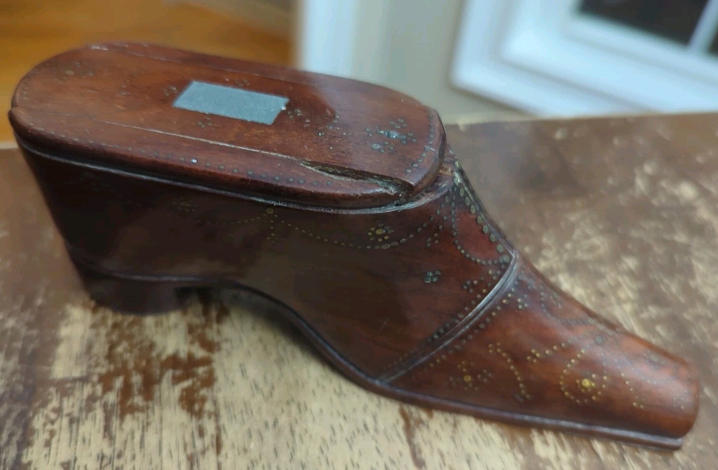 Antique Shoe Snuff Box Large Pique Table Snuff is 6.75 Inches - Carved Box