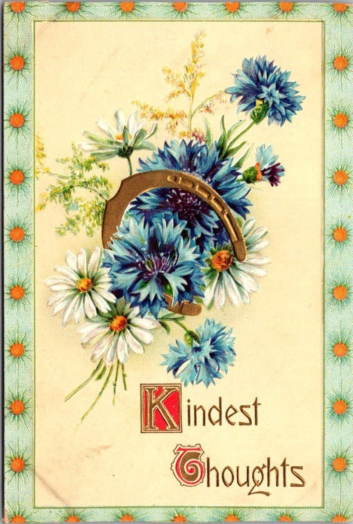 Antique Greeting Postcard Kind Thoughts Horseshoe Gel Gold Gilt Embossed c1910