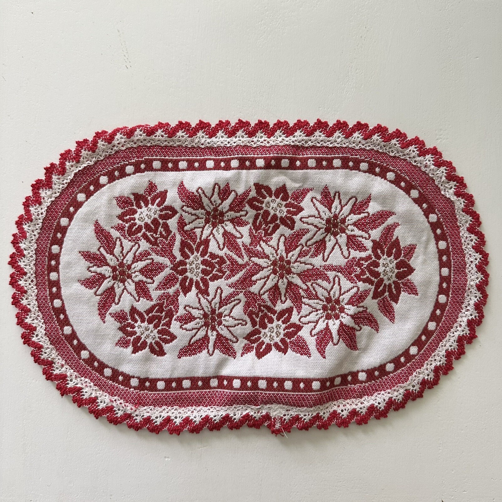 Vtg Halltex Woven Doily Austrian Floral Poinsettia Art Lace Trim Austrian Red