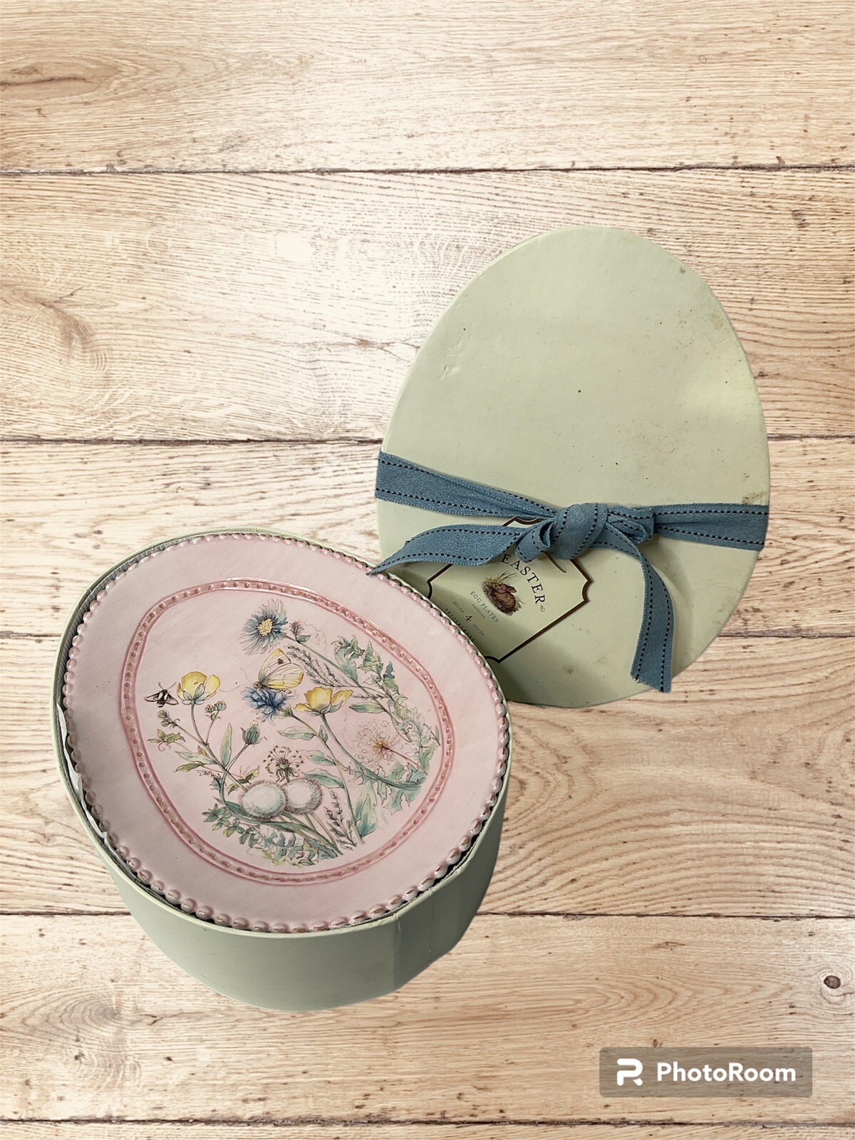 Pottery Barn Easter Egg Plates Large Pink Floral Spring Beaded Edge