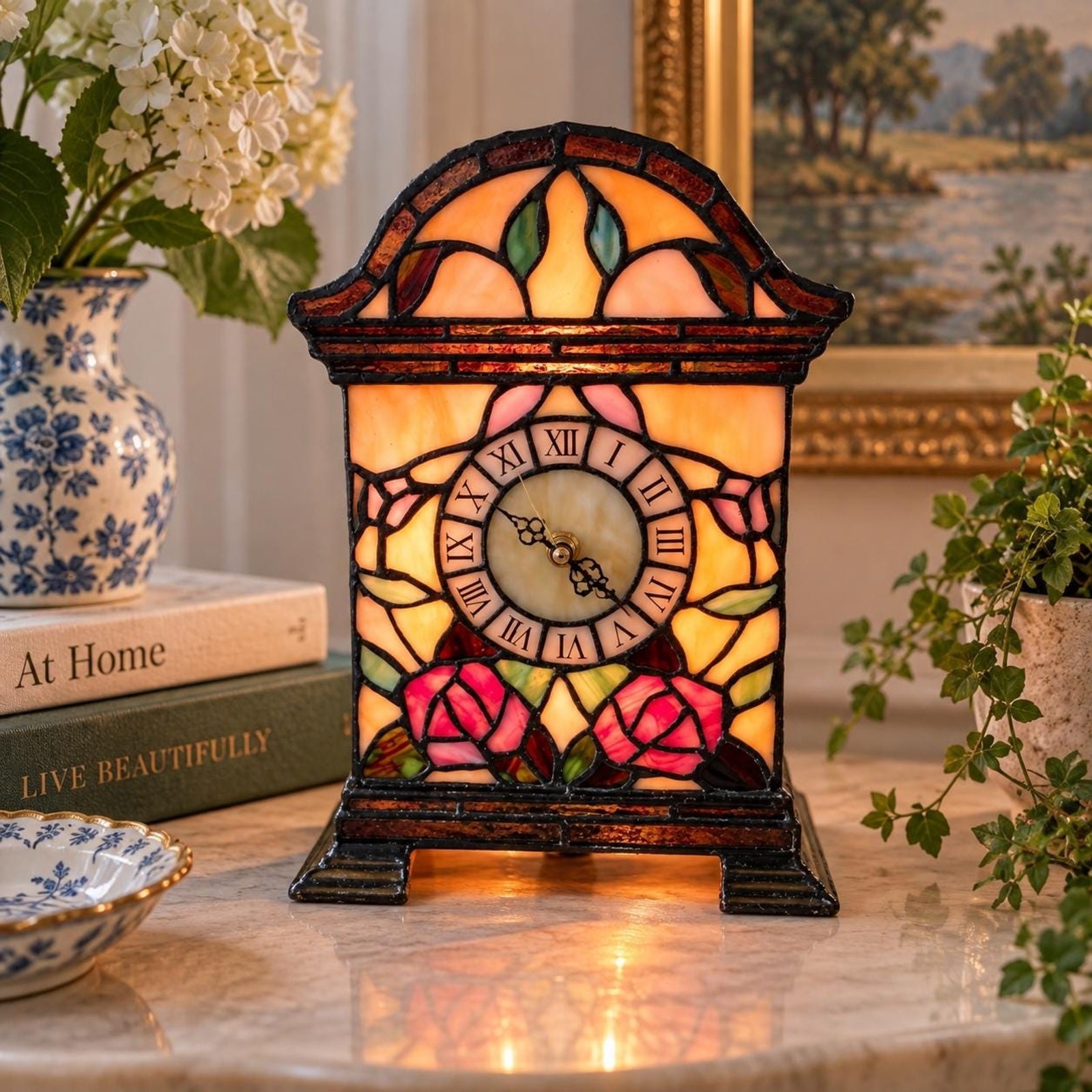 Vintage Tiffany Style Stained Glass Rose Lighted Mantel Table Clock Art Nouveau