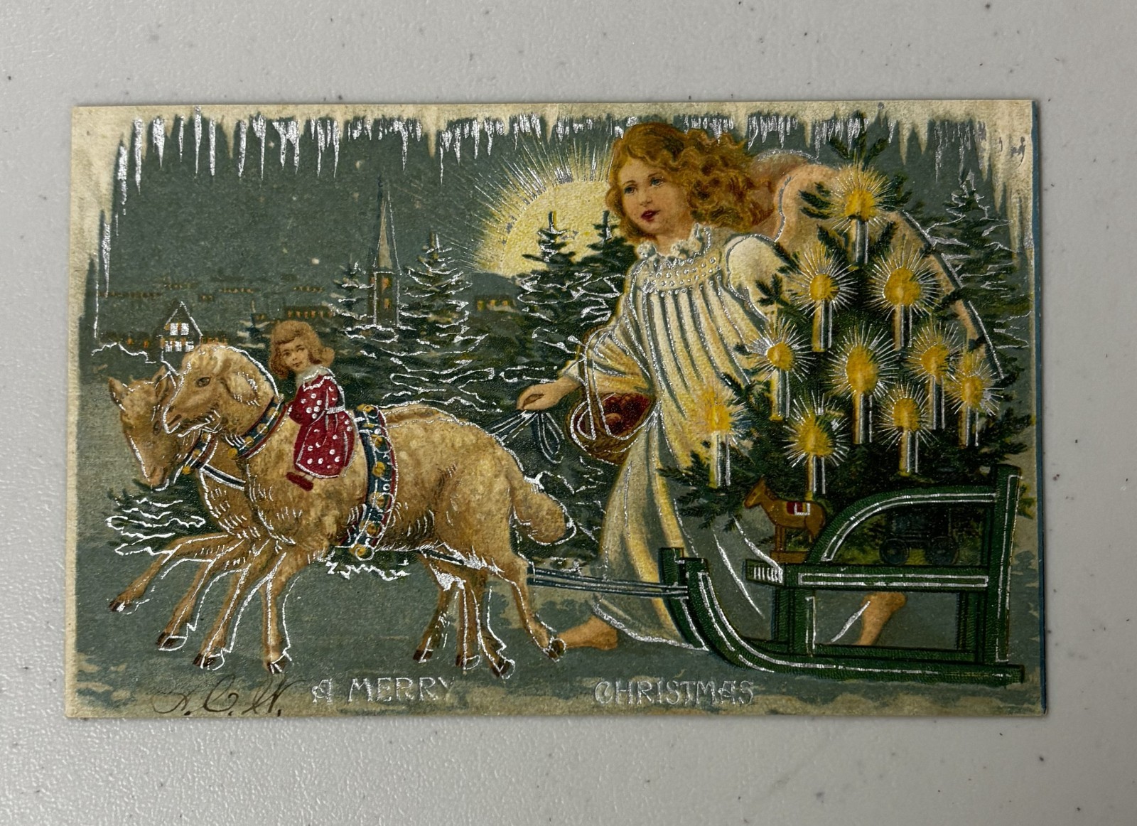 Merry Christmas angel postcard sheep pulling sleigh tree w/candles Tuck Prussia