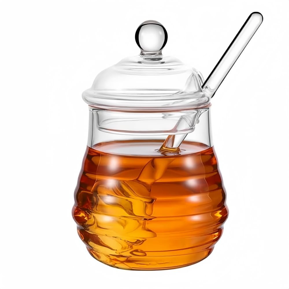 10 OZ Transparent Honey Jar with Dipper and Lid Glass Beehive Style Honey Pot...