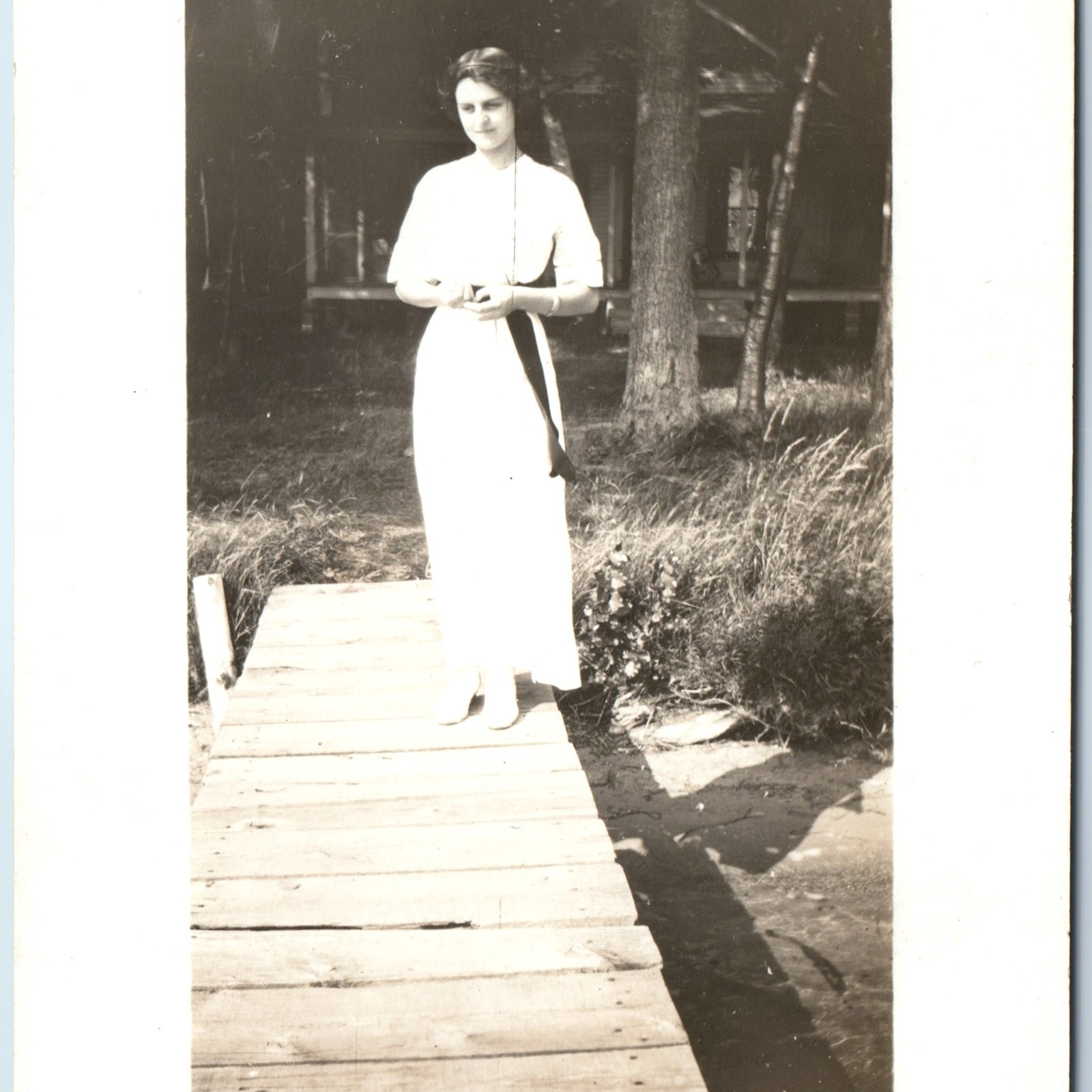 c1910s Elegant Young Woman White Dress Dock RPPC Fashion Portrait Photo Postcard