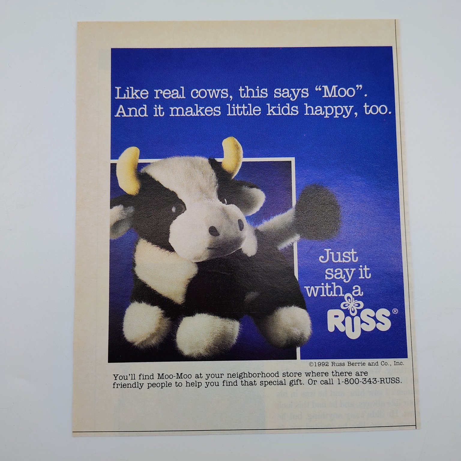 Russ Berrie Moo-Moo Cow Plush Toy Magazine Ad Vintage Print Advertising 1992