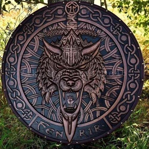 24\'\' Fenrir Wolf Carved Wooden Viking Shield Battle-Worn Shield Wall Décor