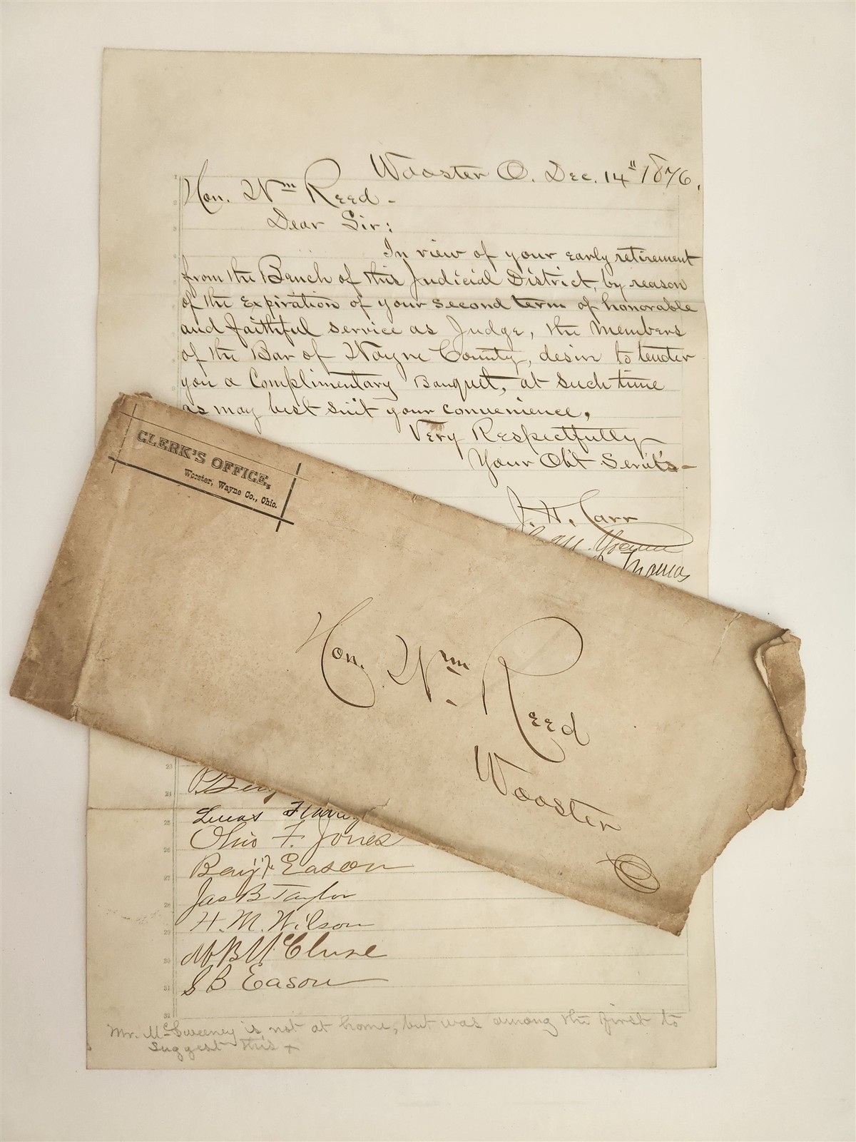 1876 antique JUDGE WILLIAM REED wooster oh WAYNE COUNTY BAR LETTER banquet