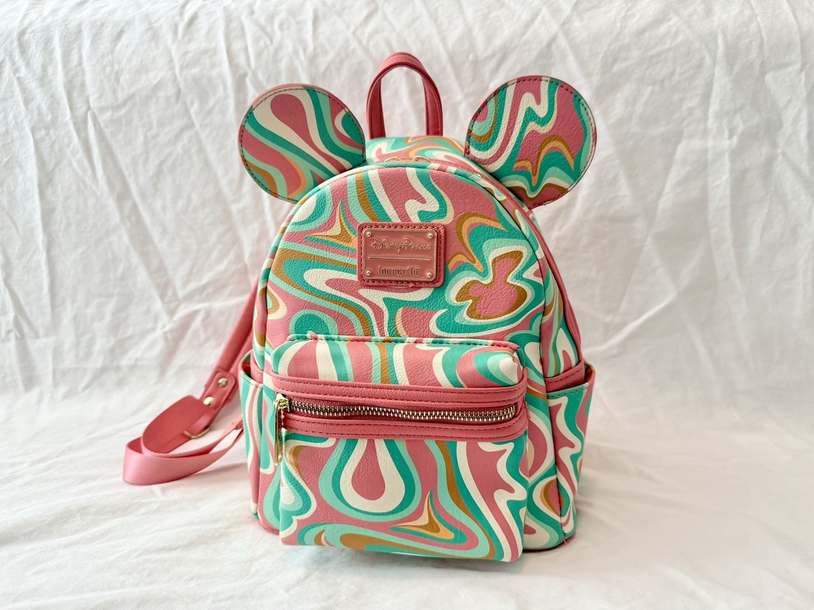 Loungefly Disney Parks Retro Psychedelic Swirl Mini Backpack Pink, Mint & Gold