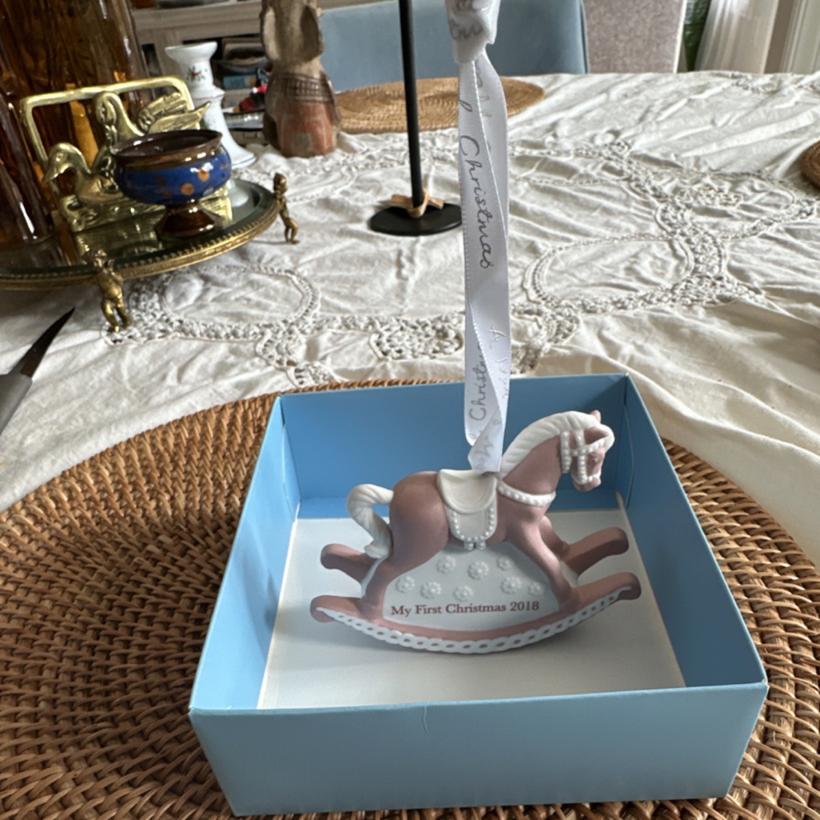 Wedgwood My First Christmas 2018 Pink White Rocking Horse Hanging Ornament