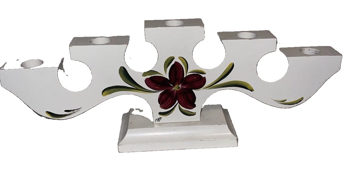 Cute Vintage Made In Sweden Hand Painted Candle Holder Wood White 