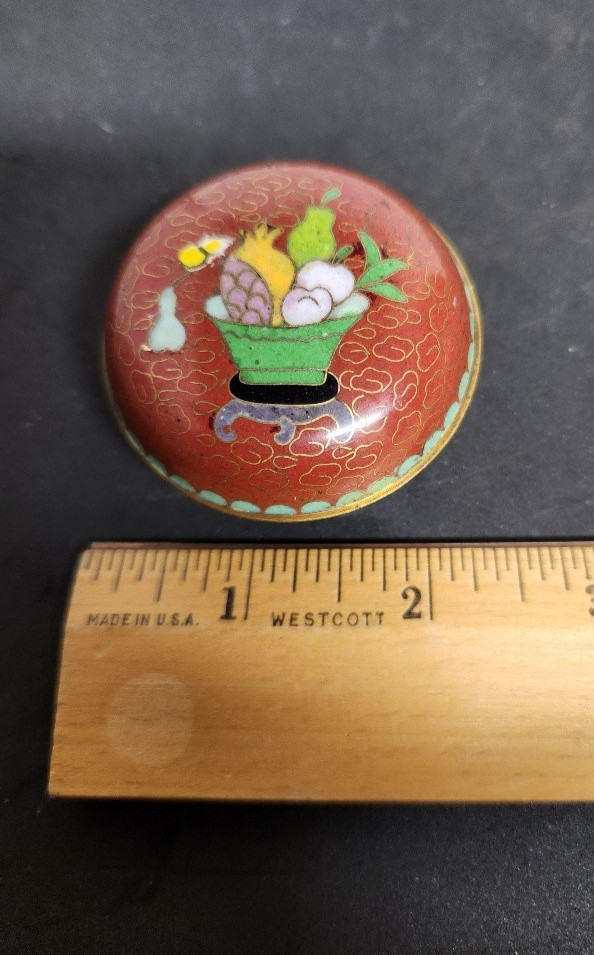 Vintage Cloisonne and Brass Trinket Box with Lid and Fruit Motif Blue Interior