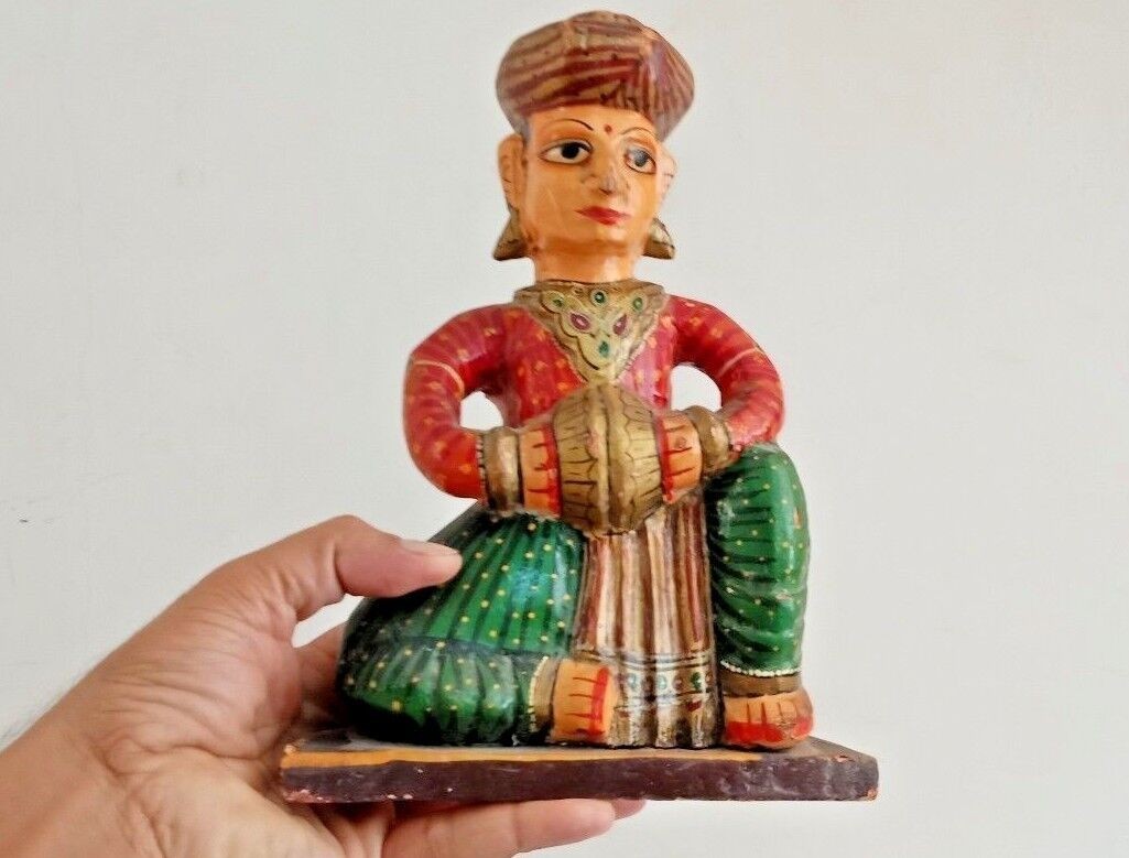 Antique Painted Wooden Musician Statue, Handmade Tribal Art