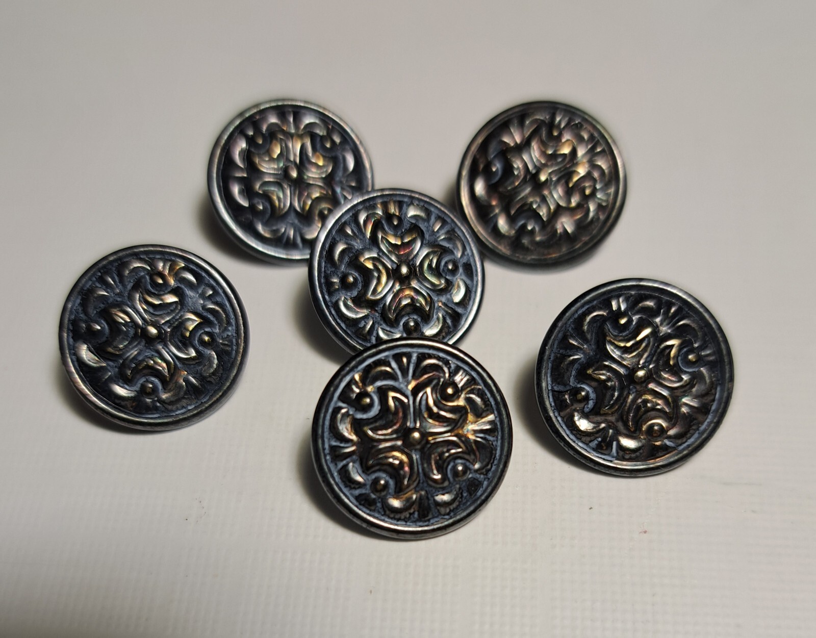 Vintage AWS Qualitat Austria 6 Ornate Metal Shank Buttons Blackened Silver 15mm
