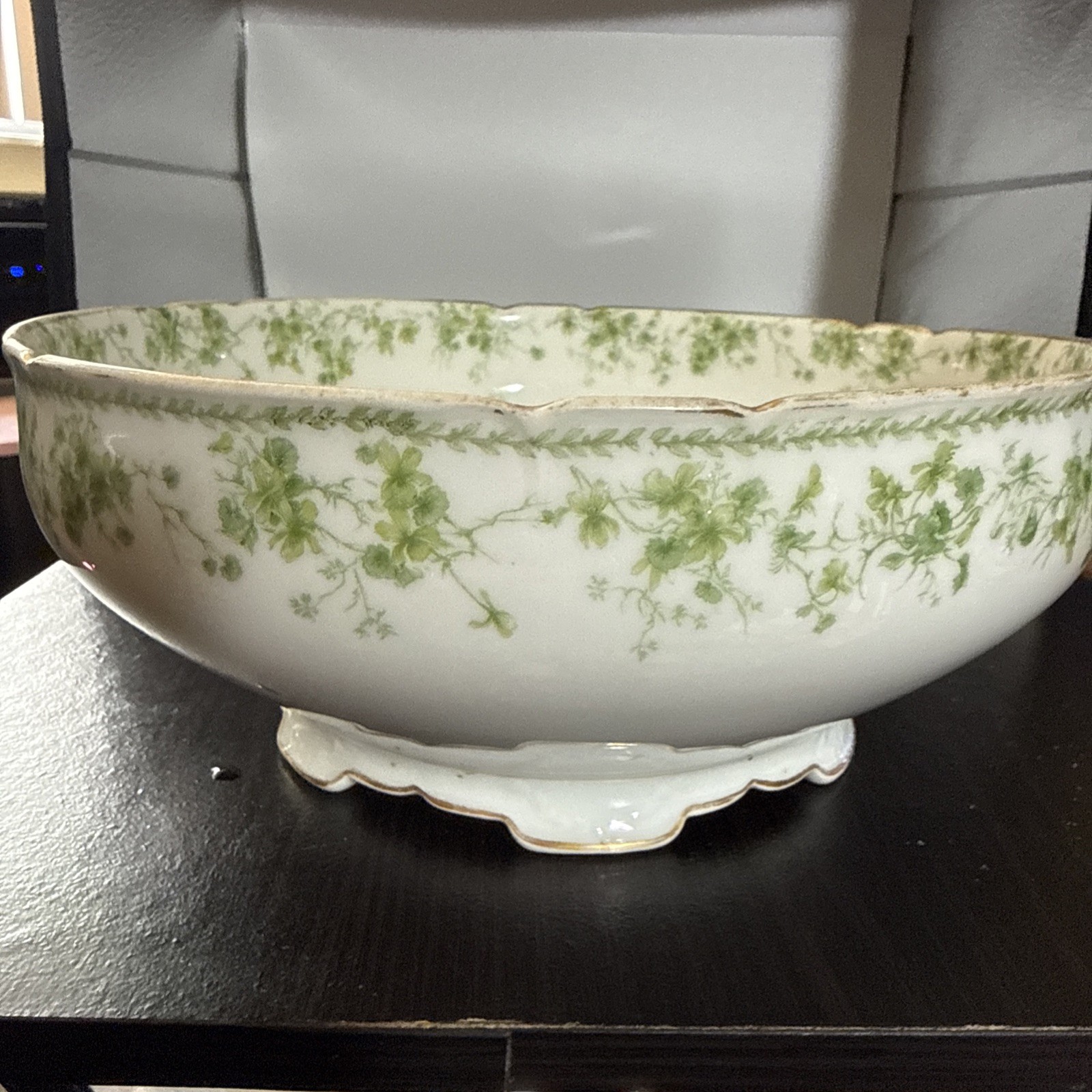 Vintage C.H. Field Haviland Limoges 9.5” Round Serving Bowl Footed Green Floral