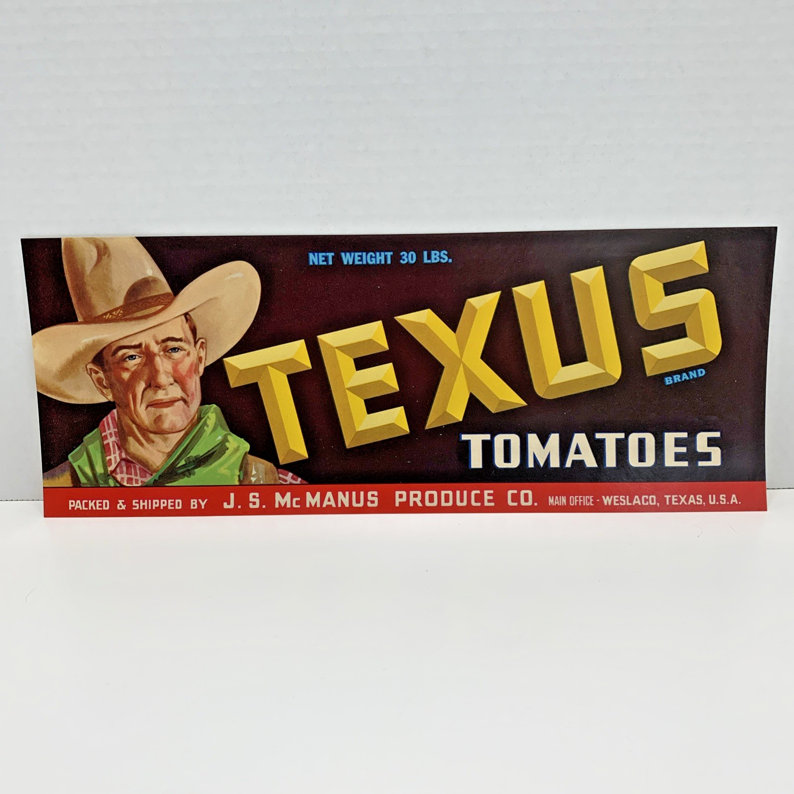 Vintage 1950s Produce Crate Label ~ TEXUS Tomatoes Weslaco, Texas