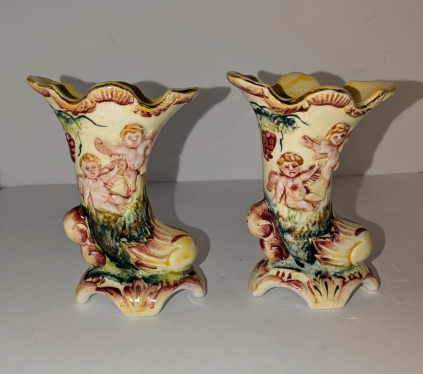 Vintage 2-Hand Painted Yellow Cherub Mini Horn Vases Made in Occupied Japan
