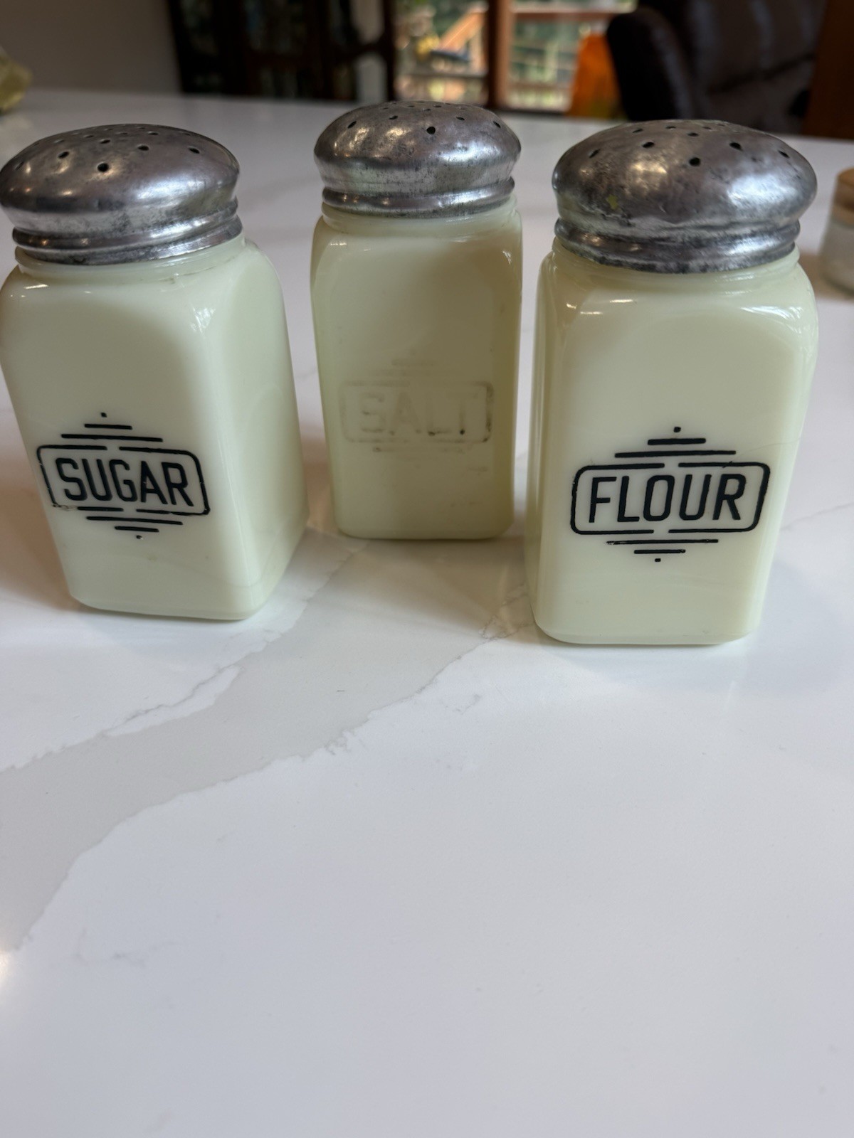 Vintage McKee Custard Shakers Sugar Salt Flour Set Of 3 Uranium Glow