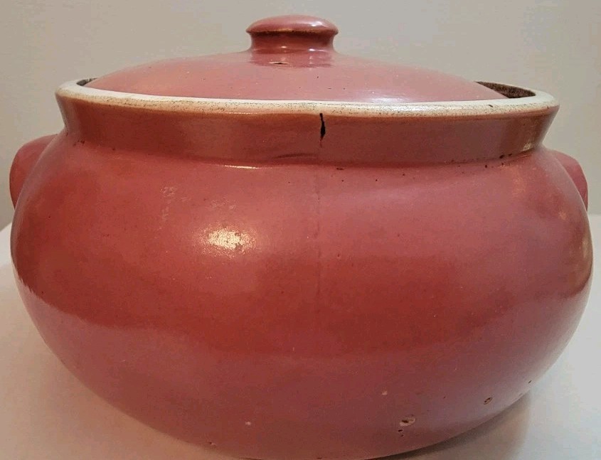 Vintage UHL Co. Pottery Indiana Burgundy/Pink Bean Pot Lidded w/Handles