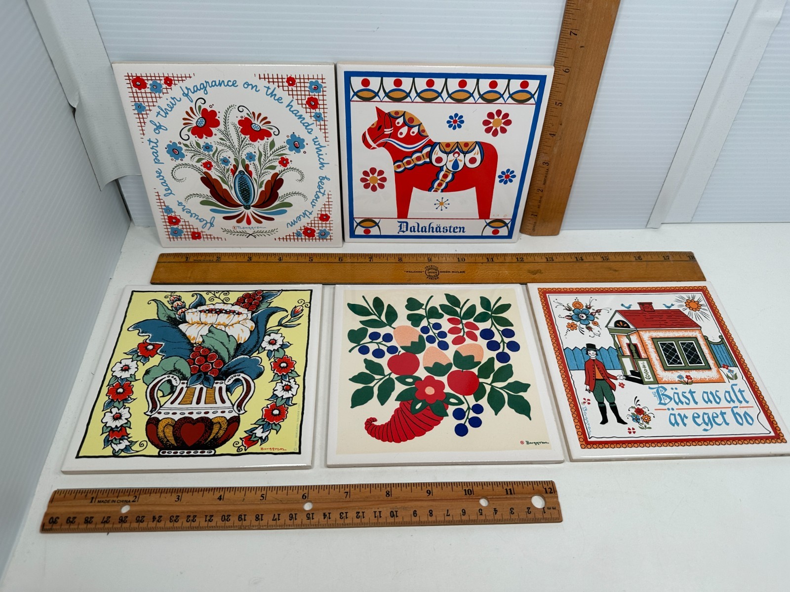 5 Vintage Swedish Design Ceramic Tile Berggren R/R Flowers 157 31 Bast av alt