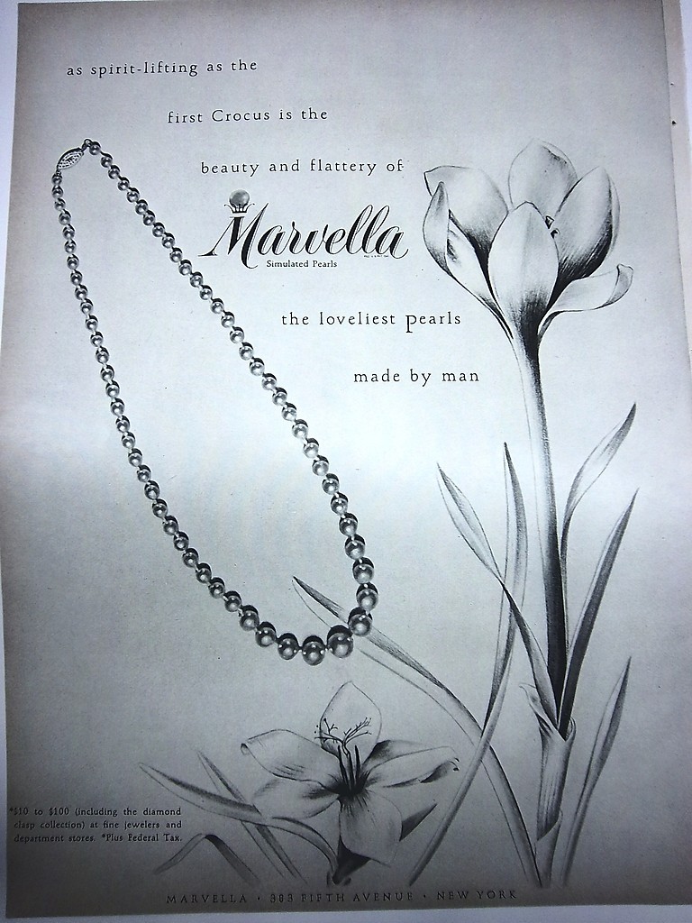 1947 Vintage Marvella Loveliest Pearls by Man JEWELRY NECKLACE Crocus Art Ad