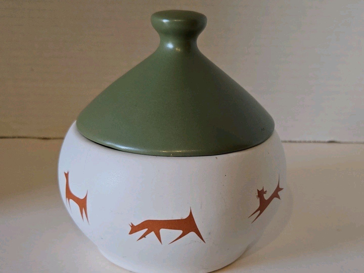 McCoy Upjohn Pottery Jar Cat Dog Mid Century Modern  Clapper 1960s Avocado Green