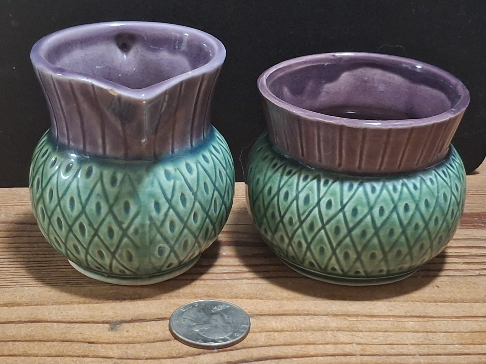 Scottish Highland Thistle Sugar Creamer Set Purple Green Pottery Govancroft Styl