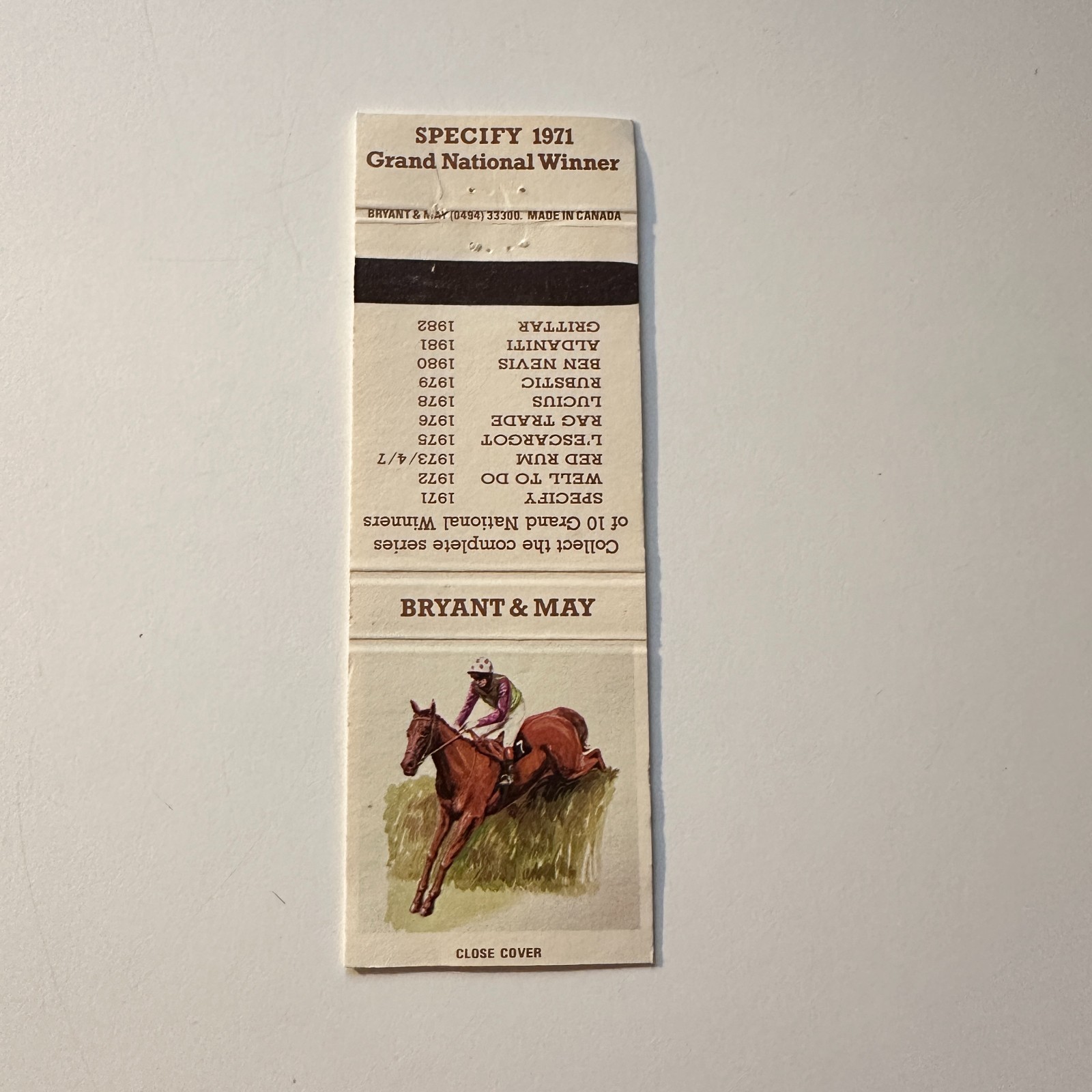Bryant & May Specify 1971 Grand National Winner Vintage Matchbook Cover 5MB126-3