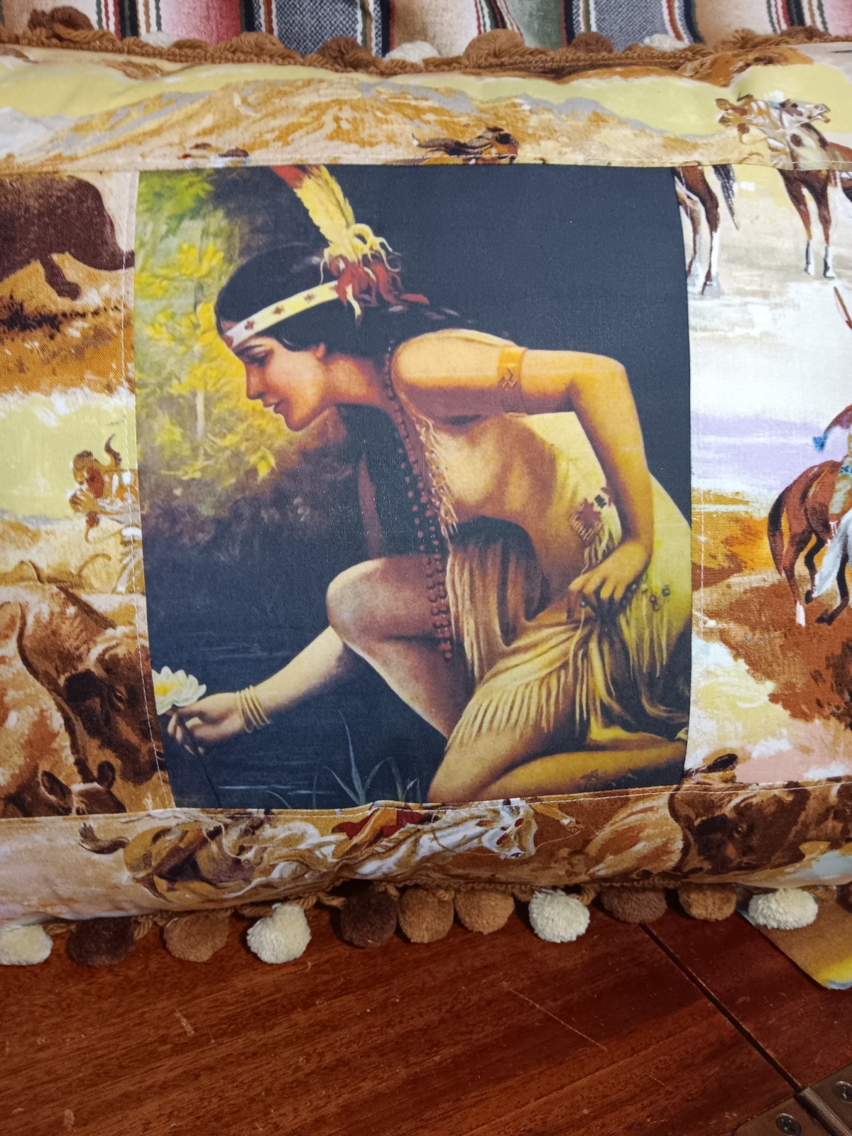 Vtg Native American Indian Maiden advertising art pillow White Lilly handmade