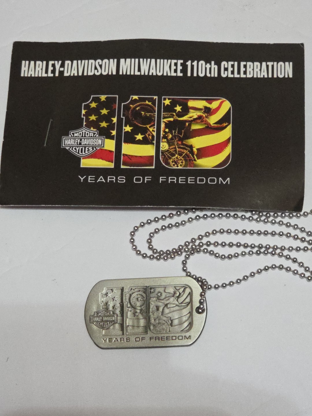 HARLEY DAVIDSON - 110TH ANNIVERSARY - DOG TAG & CHAIN 110 Years Of Freedom NEW 