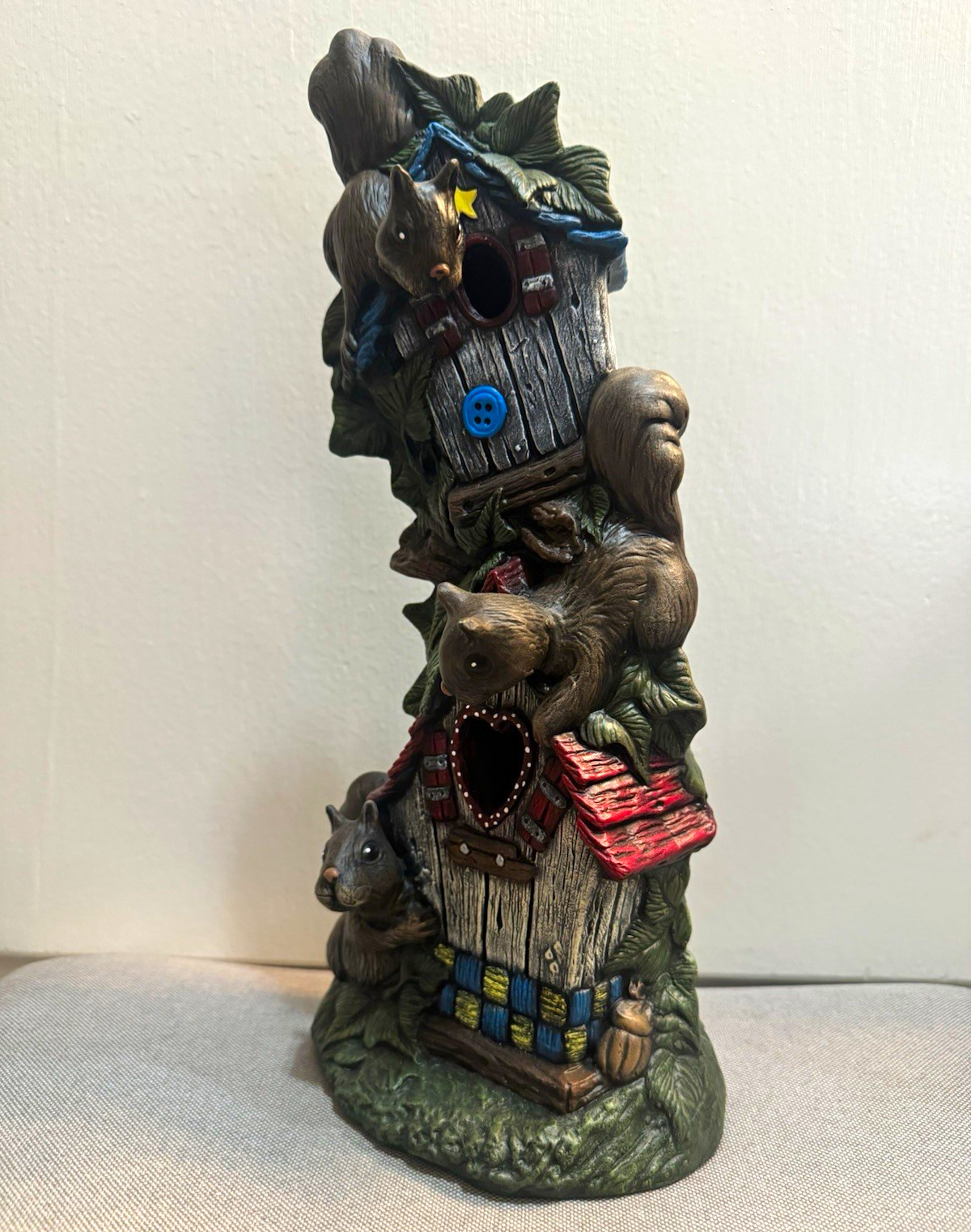 Vintage Squirrels Climbing on BirdHouses in Tree Hand Painted Ceramic Figure 14”