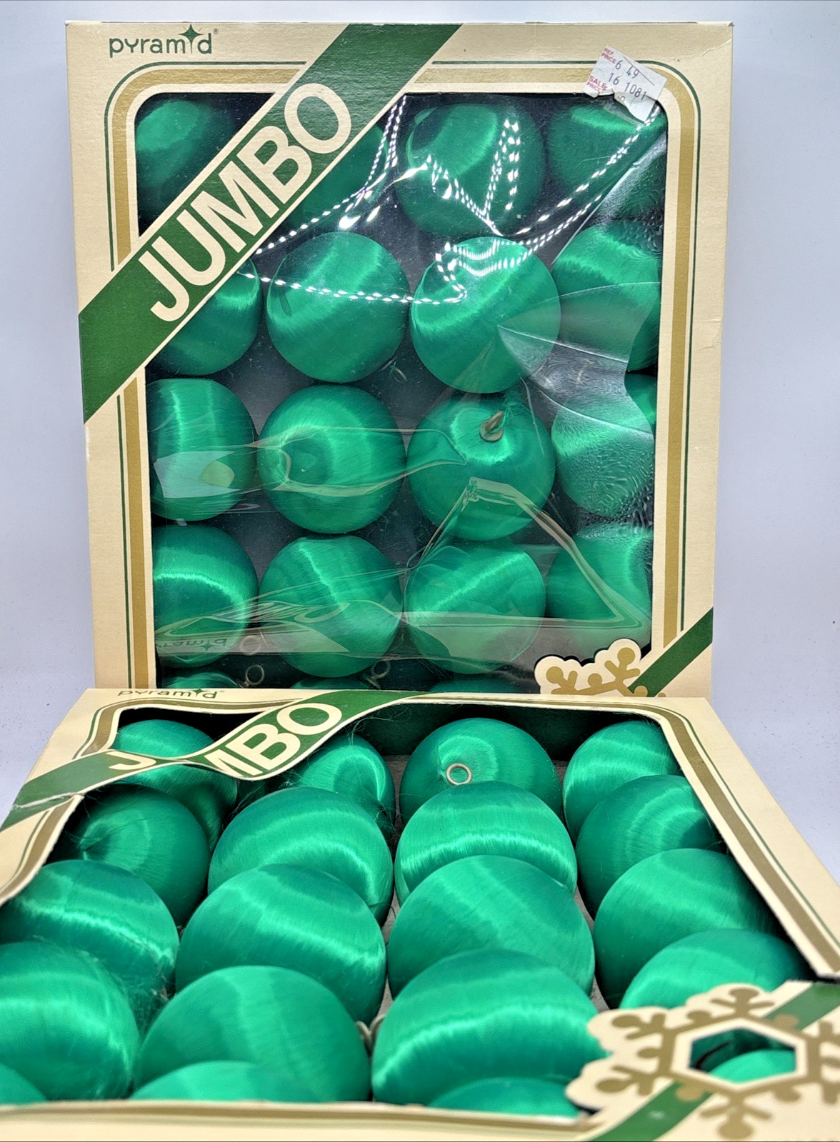 VTG Rauch Green Satin Sheen Round Christmas Ornaments 2 Pyramid Boxes 40 Total