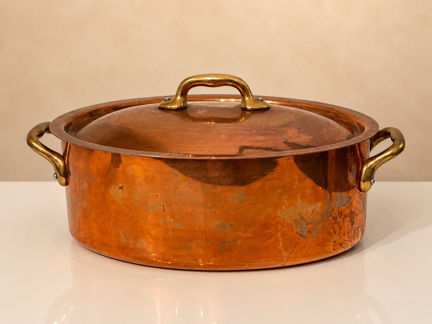 Vintage French Copper Oval Casserole Cocotte Lid Brass Handles Made France