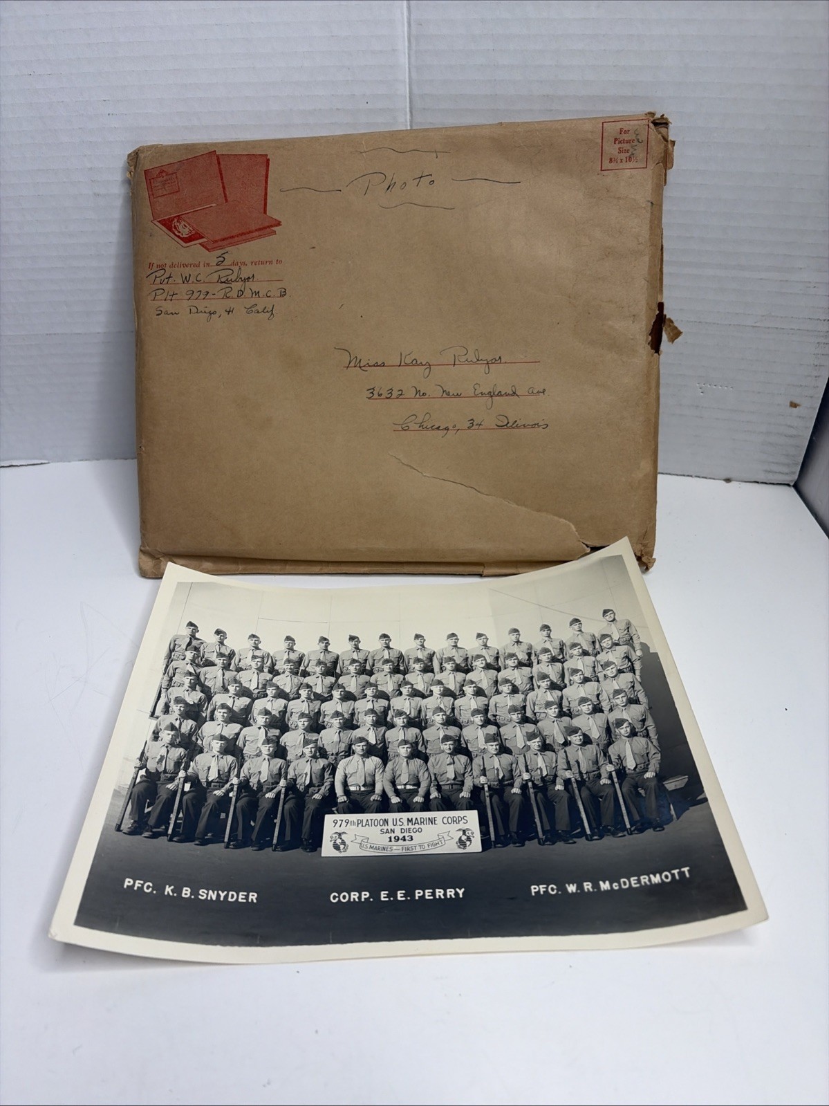 Original WWII 1943 Platoon 979 Photo MCRD San Diego Marine Corps Mailing Envelop