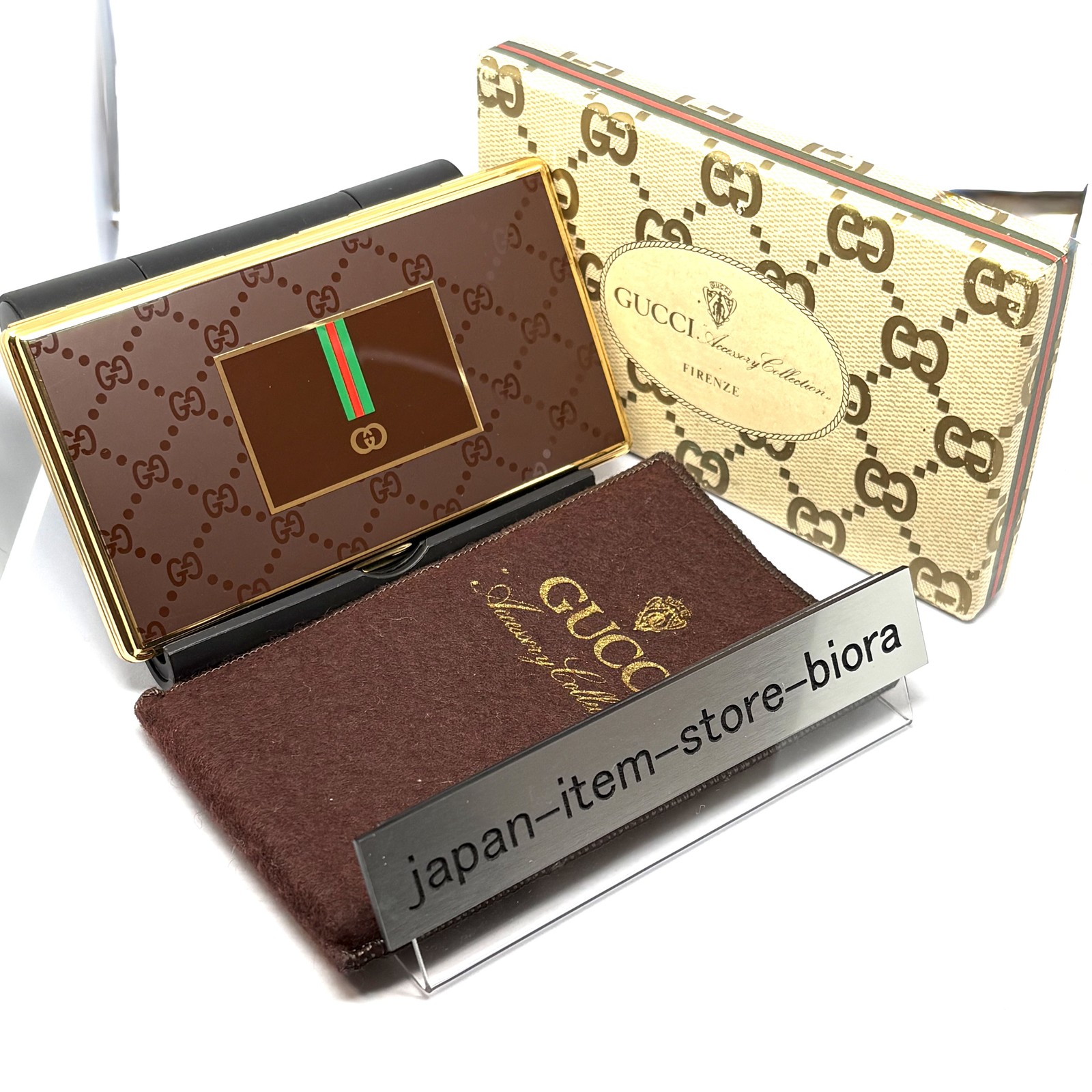 GUCCI Vintage GG Monogram Lacquer Cigarette Card case Web Stripe Gold W/ Box