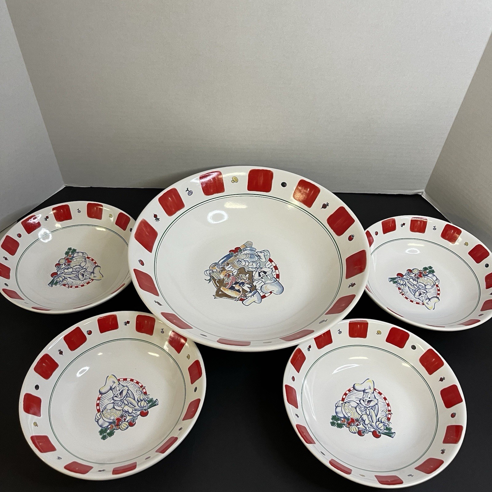 Vintage 1996 Warner Bros Chef Bugs Bunny & Taz Full Complete Pasta Bowl Set 5 Pc