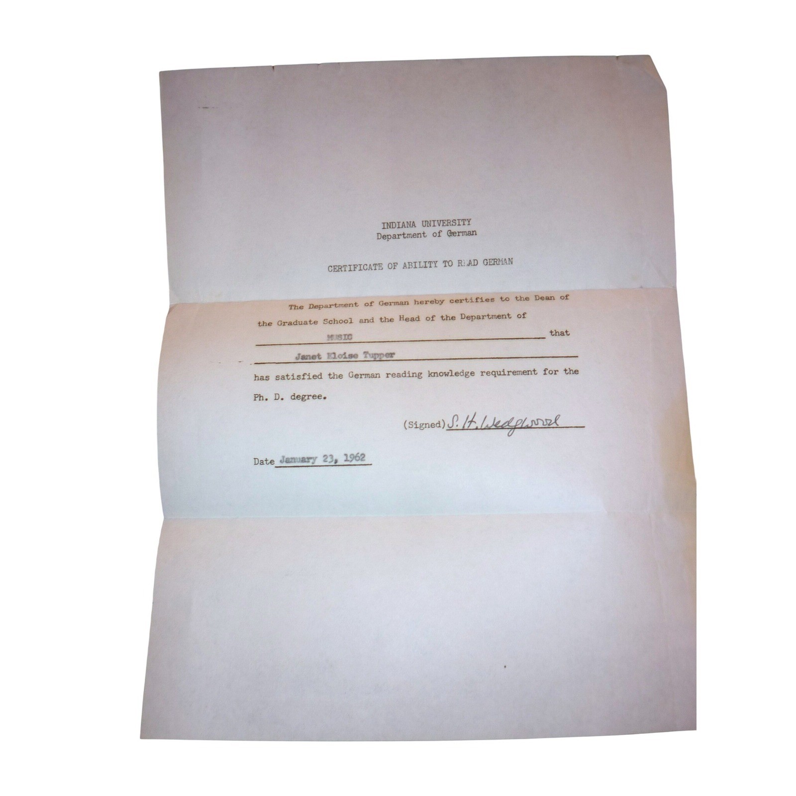 Vintage 1962 Indiana University German Reading Certificate Ph.D. Music Ephemera