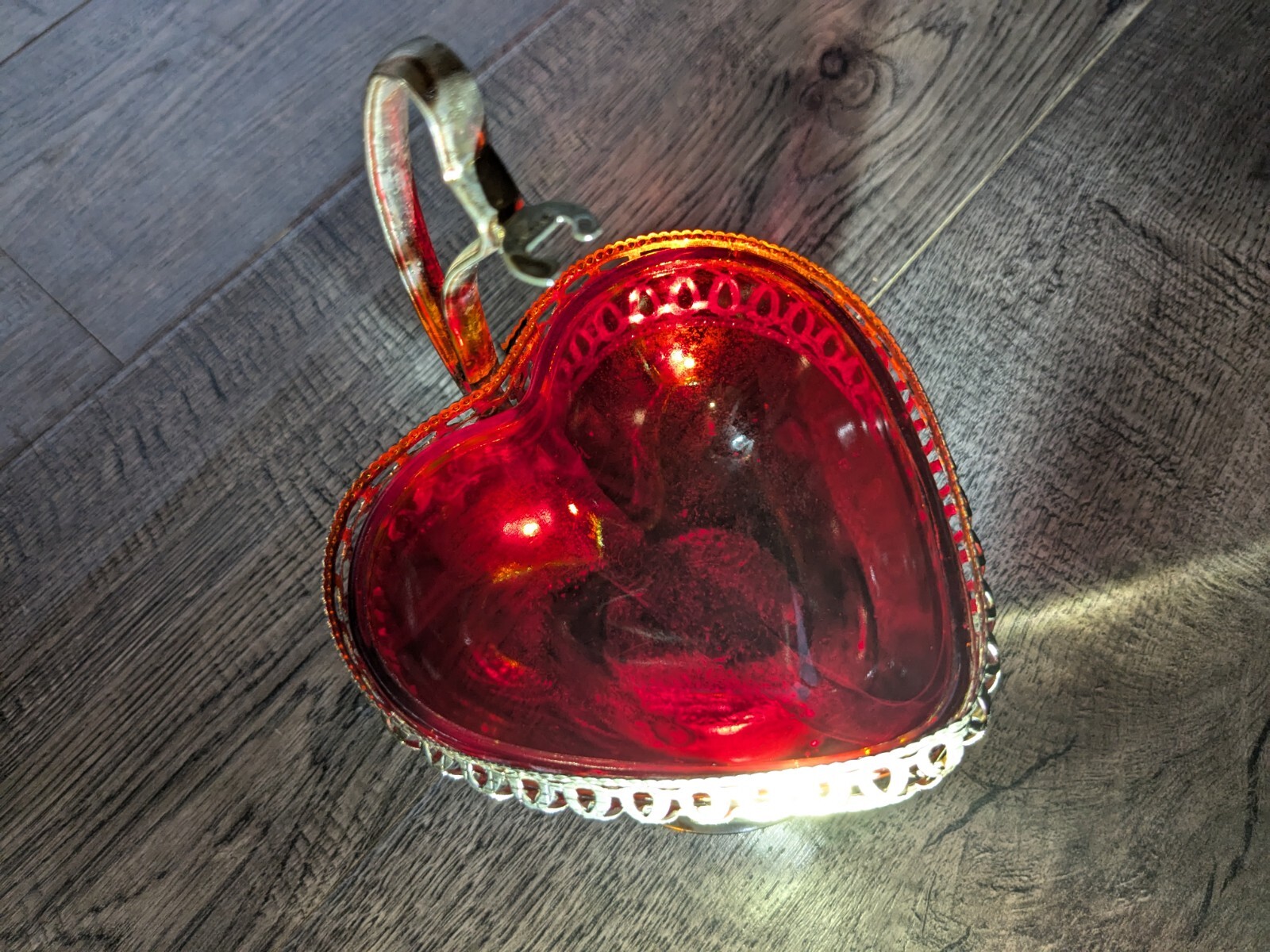 Vintage Glass Ruby Red Relish Dish with Spoon Holder (no spoon) Orange UV Glow