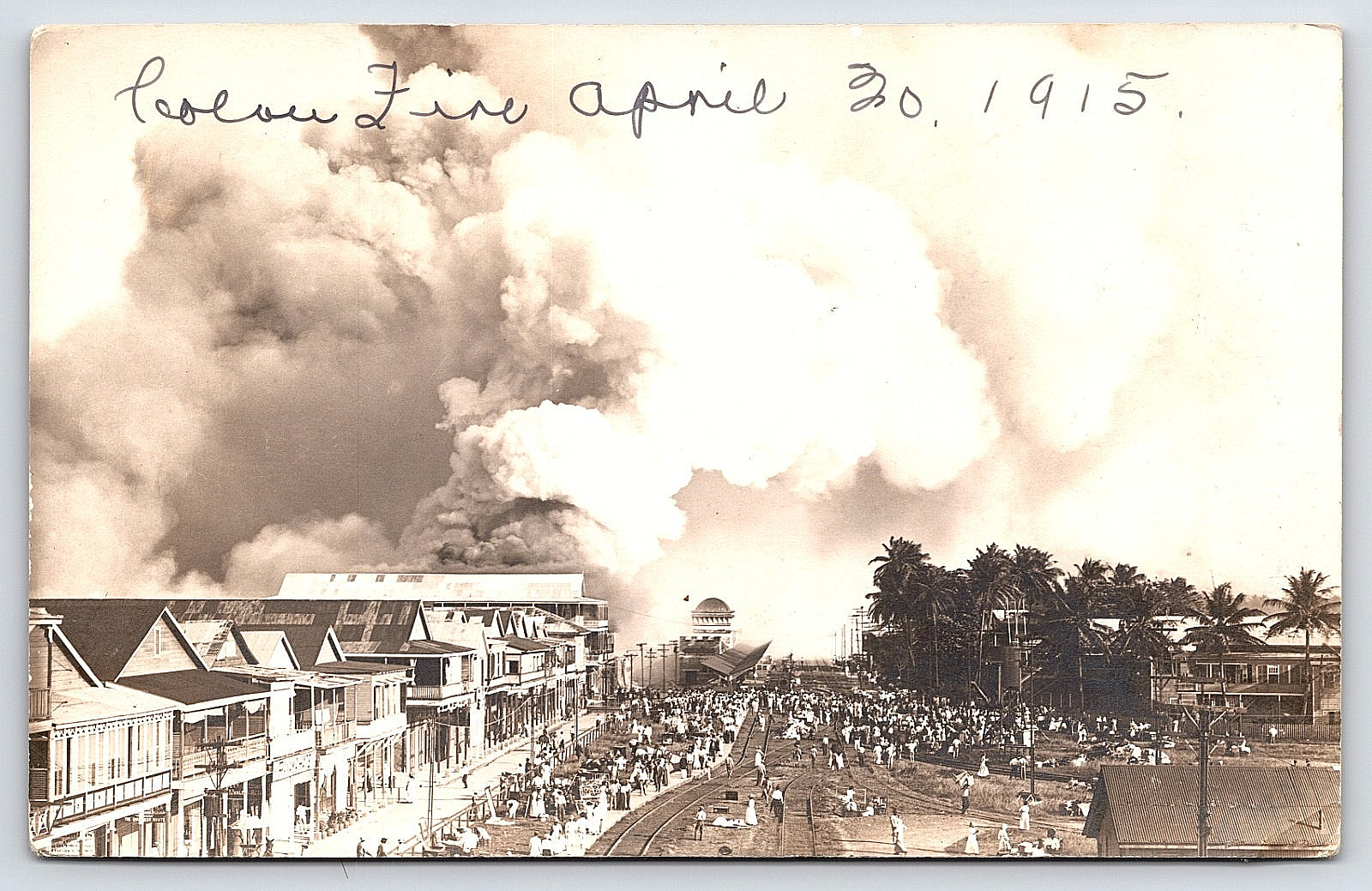 COLON PANAMA CITY SMOKE STREET VIEW PEOPLE VINTAGE REAL PHOTO POSTCARD 1915 RPPC