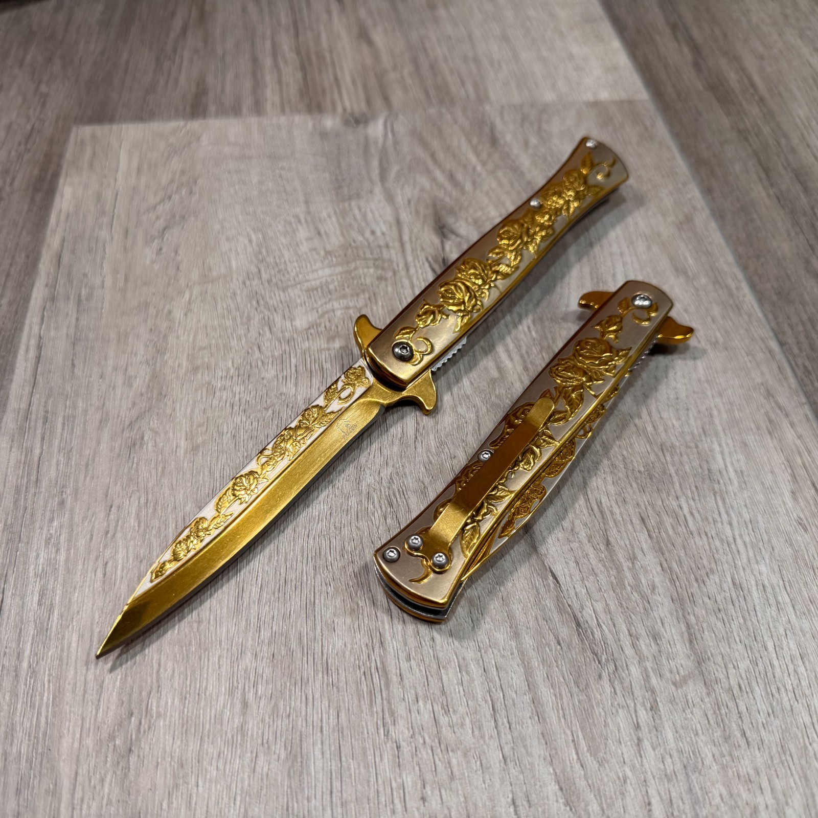 9” Golden Rose Knife Tactical Spring Assisted Open Blade Folding Pocket Knife 9” Golden Rose Knife Tactical Spring Assisted Open Blade Folding Pocket Knife