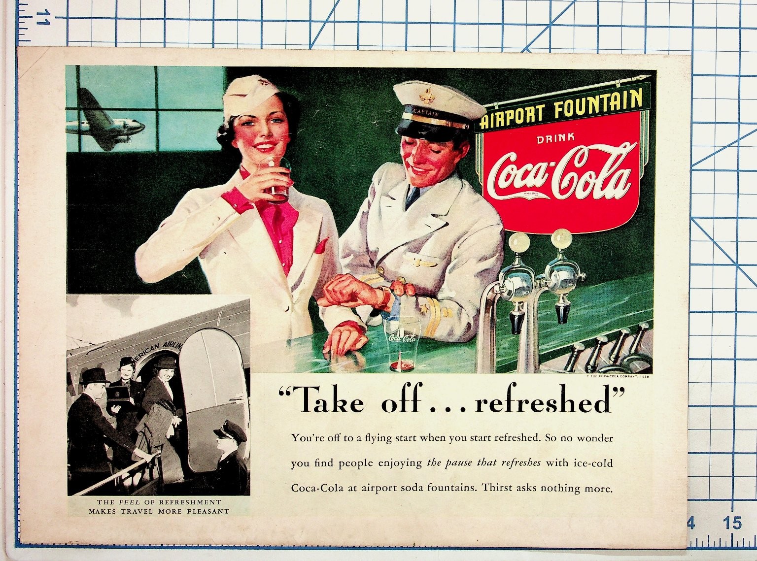 Vintage 1938 Coca-Cola American Airlines Airport Pilot Flight Attendant Ad