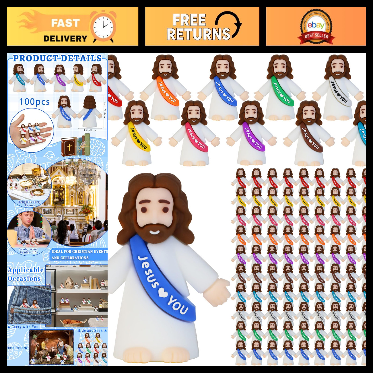 100 Pack Mini Jesus Figurines - Bulk Religious Statues, Jesus Loves You Gifts