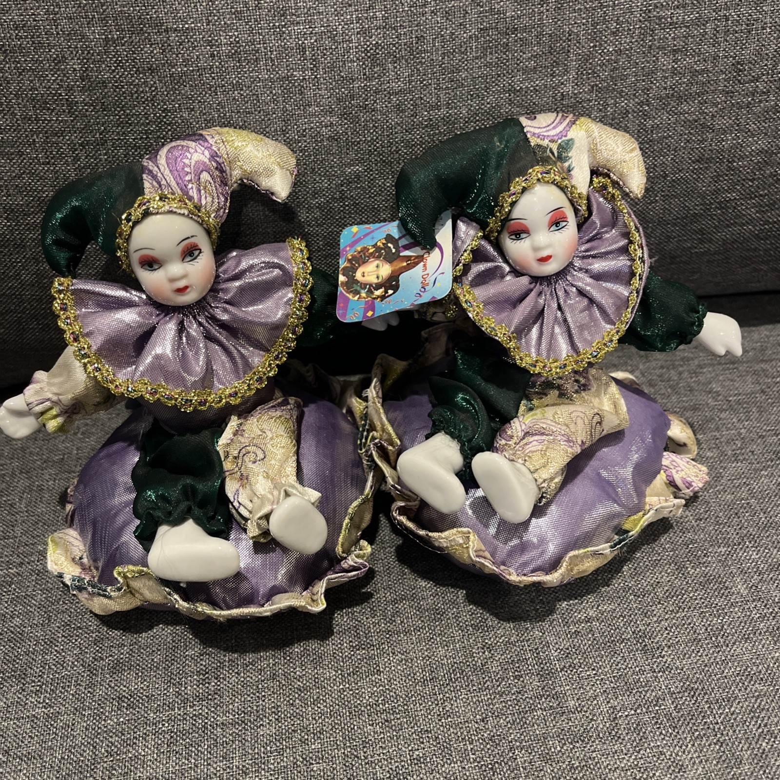 (2) Vintage CLOWN Jester Doll Porcelain Head & Hands Collectible Figurine