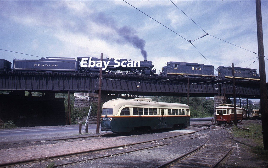 Original 35mm Kodachrome Slide Reading Railroad Steam Train Trolleys B&O 1972